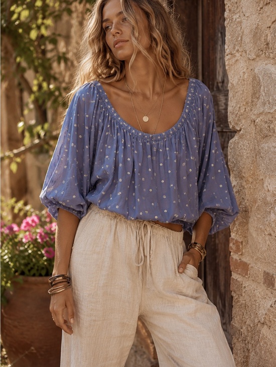 Gigio Tops - Boho Peasant Blouse Medium Blue Embroidered Off Shoulder Cottagecore Peasant
